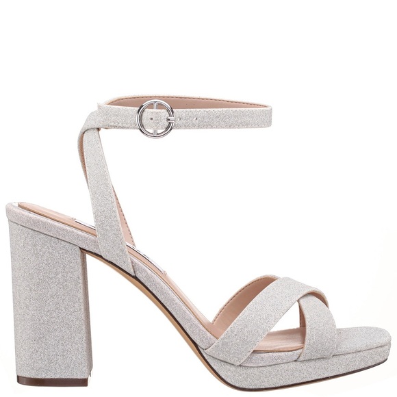 SHELIA SILVER GLITTER NET BLOCK-HEEL SANDALS WITH ANKLE-STRAP S 8 Worn Once - Picture 2 of 11